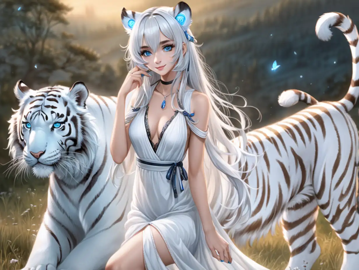 (((beautiful evening white dress))), ((mage cute woman)), ((white tiger ears)), white long hair, black freckles, (blue eyes), ((without humans ears)), ((beautiful cute face)), country's atmosphere, a Affectionate smile, full body,