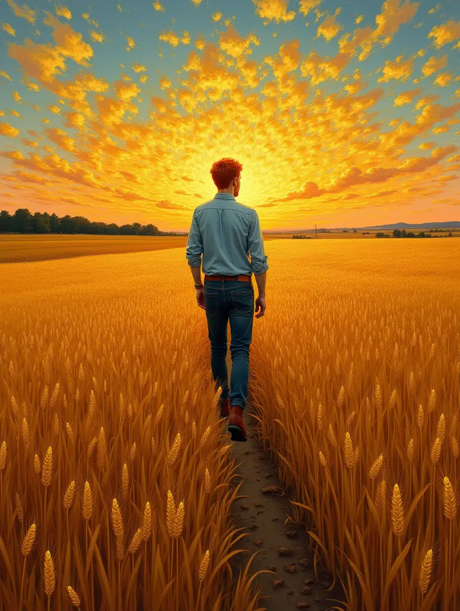 A redheaded man walks through a field of wheat at sunset in the style of Van Gogh