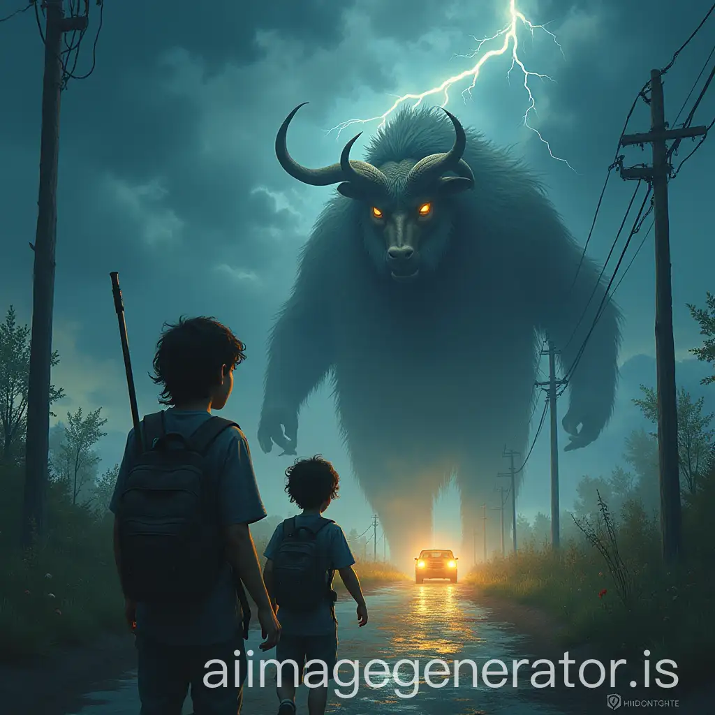 Percy, his mom and Grover escape in a car during a big storm. Percy discovers that Grover is a satyr, half human and half goat, who has been protecting him. Something very dangerous pursues them: the Minotaur, a giant monster with horns. The car crashes and the monster attacks. Percy sees his mom disappear in a golden light. With great courage, Percy fights the Minotaur and defeats it using one of its own horns. Then, he faints from exhaustion. Make an image of chapter 4 ‘My mother teaches me to fight’ of persy jackson the lightning thief, humanized please.