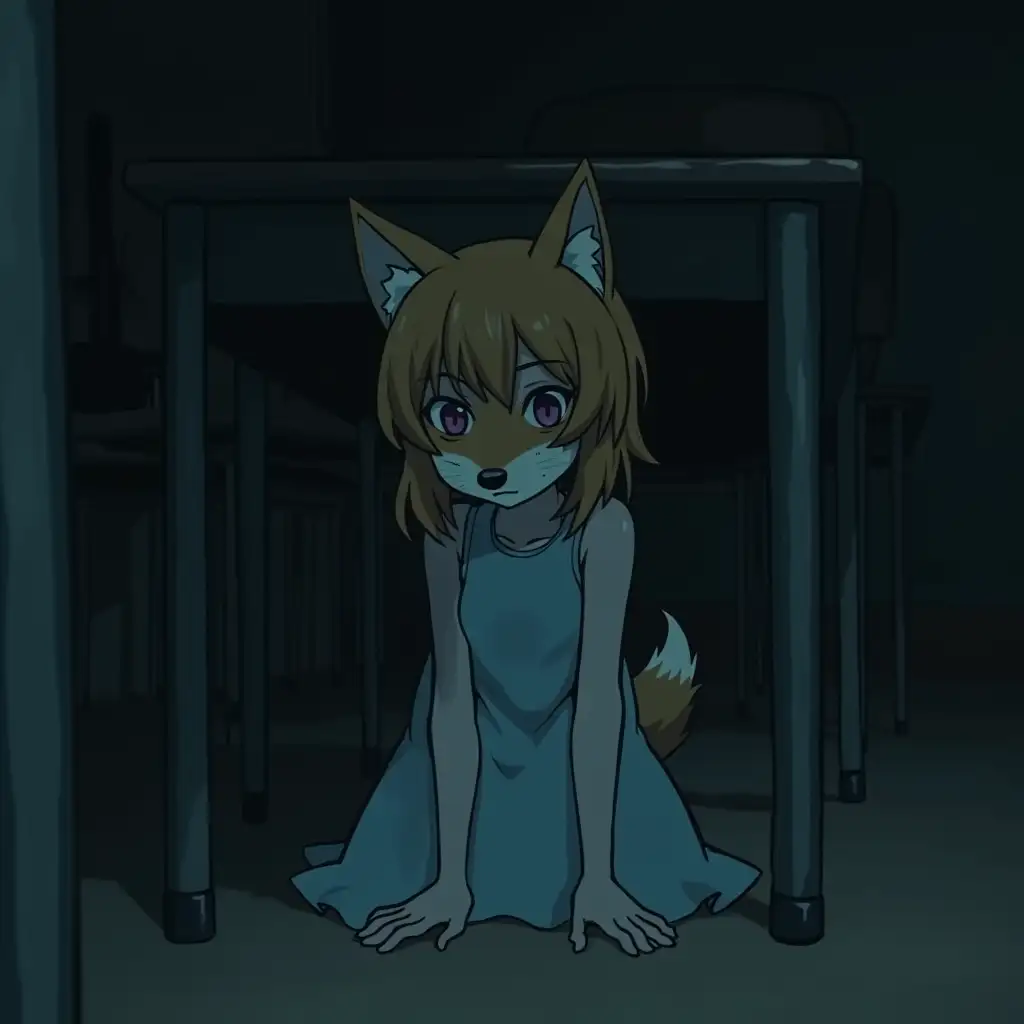 A girl in a light blue dress. She is wearing a mask of a fox on her face. She is hiding under the desk in a classroom. The whole picture is dark and creepy. Anime style.