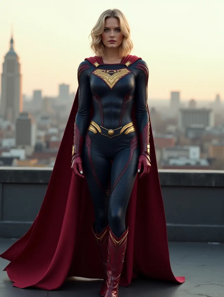 Margot-Robbie-as-a-Heroic-Elegant-Superhero-on-a-Rooftop-in-a-Crimson-and-Navy-Suit