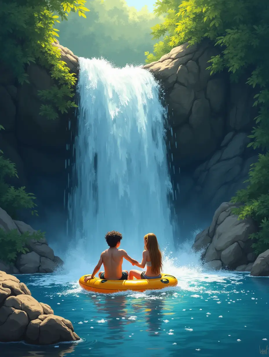 Waterfall, boy and girlfriend float on a raft holding hands