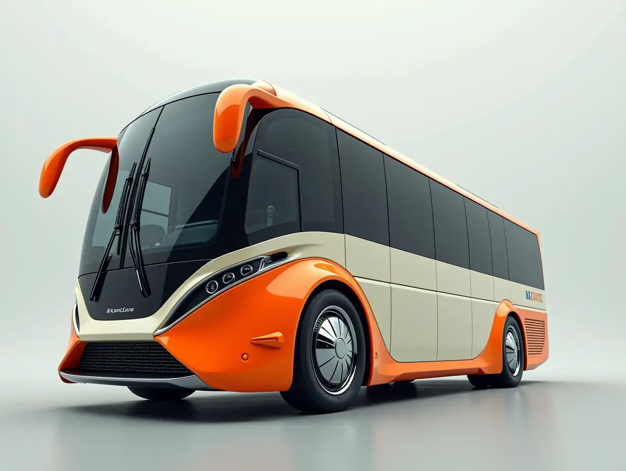 Supermodern bus with winglets, lowered, aluminum wheels, cream, orange silver colors, Cyberpunk