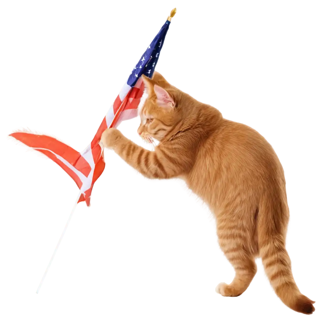 an orange cat plays with a american flag