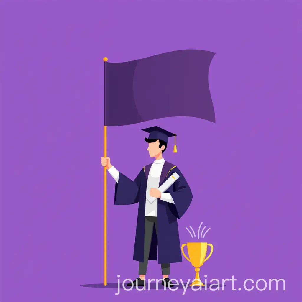 Graduate-Celebrating-Achievement-with-Certificate-Victory-Cup-and-Purple-Flag