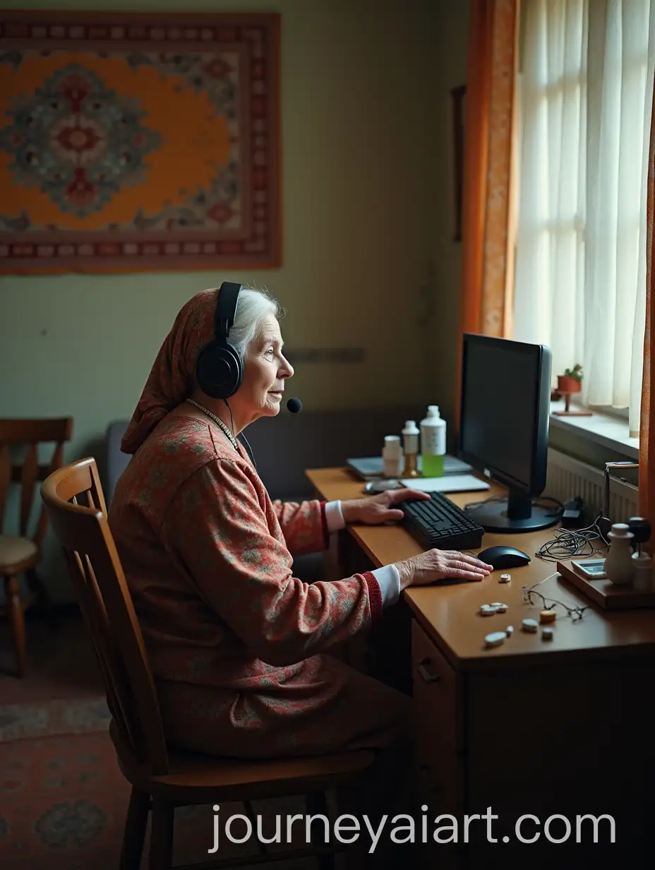 Soviet-Grandmother-with-Modern-Gaming-HeadphonesAI-Image-Prompt-Expansion-in-a-Vintage-Apartment