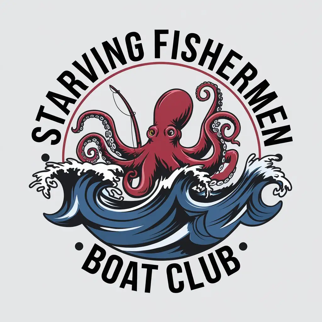 LOGO Design for Starving Fishermen Boat Club Nautical Theme with Red Octopus and Rough Ocean