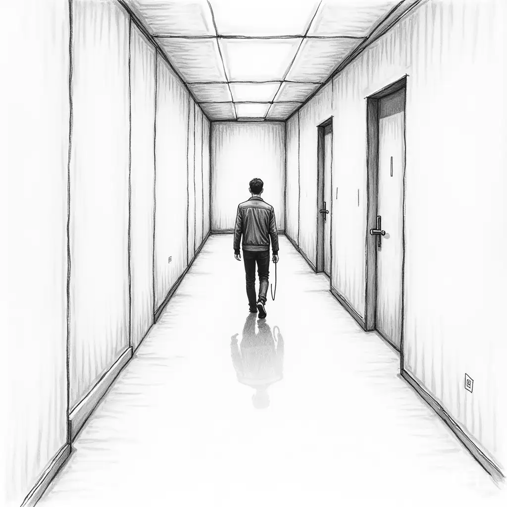 Man-Walking-in-a-Dimly-Lit-Hallway-in-Black-and-White