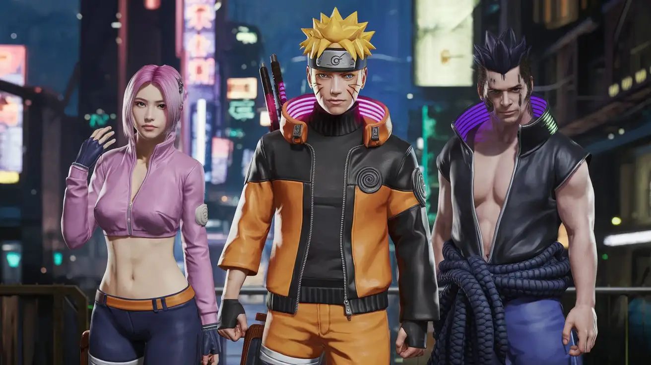 Cyberpunk 2077 Characters in Anime Cosplay Naruto Sakura and Sasuke