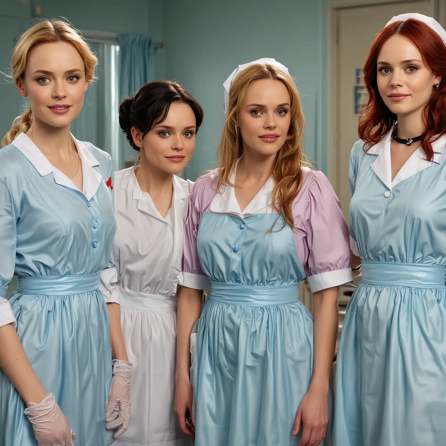 Mothers and Daughters in Modern Style Nurse Uniforms with Aprons