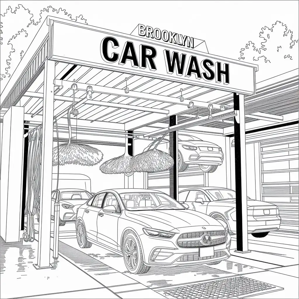 Detailed Black and White Brooklyn Car Wash Illustration