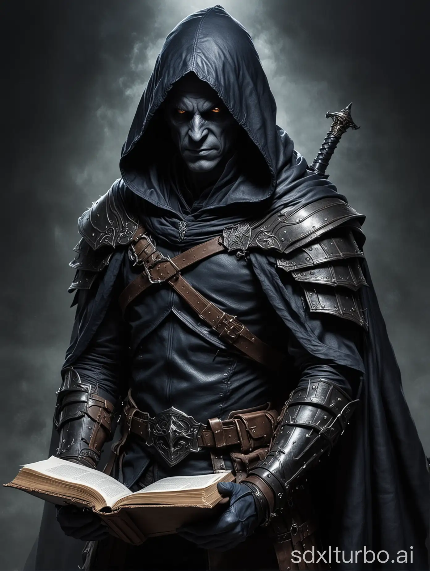 Evil Dark elf, aging, dark blue skin, leather armor, hood, and cape with a sword on his back. Reading a book