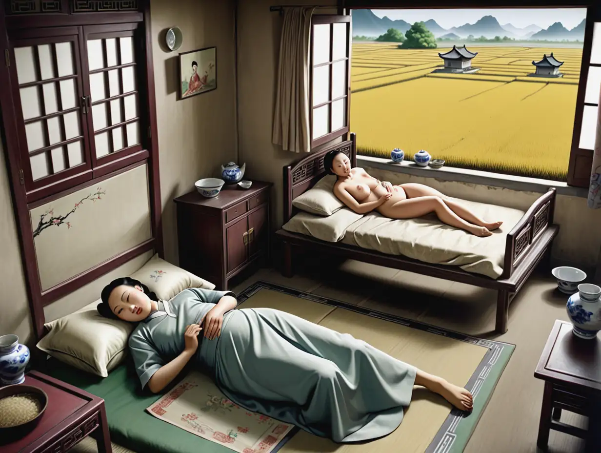 China. Rural area. 1937. Landlord's house. A man is lying on the bed, his woman sits on the bed with her body leaning forward. The theme is a plump woman, she is smoking. Digital art. High definition. Bird's eye view. Chinese style bed and wardrobe, porcelain, table. There are rice fields and people outside the window.