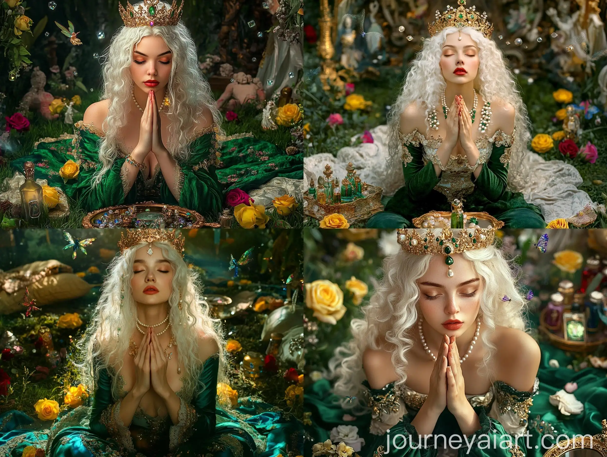 Medieval-Woman-in-Green-Dress-with-Crown-and-Fairies-in-Luxurious-Garden