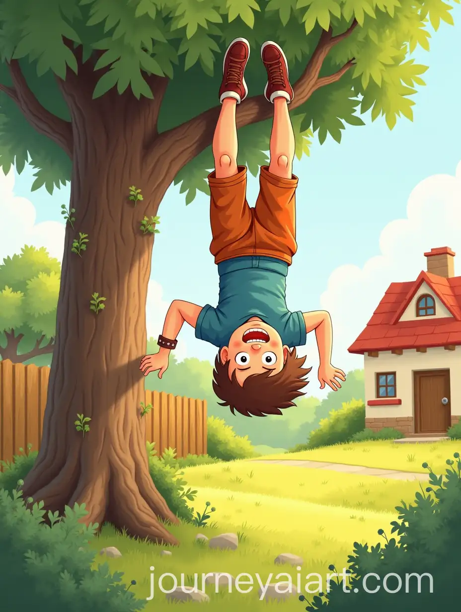 Boy-Hanging-Upside-Down-in-Sunny-Backyard-Childrens-Book-Style