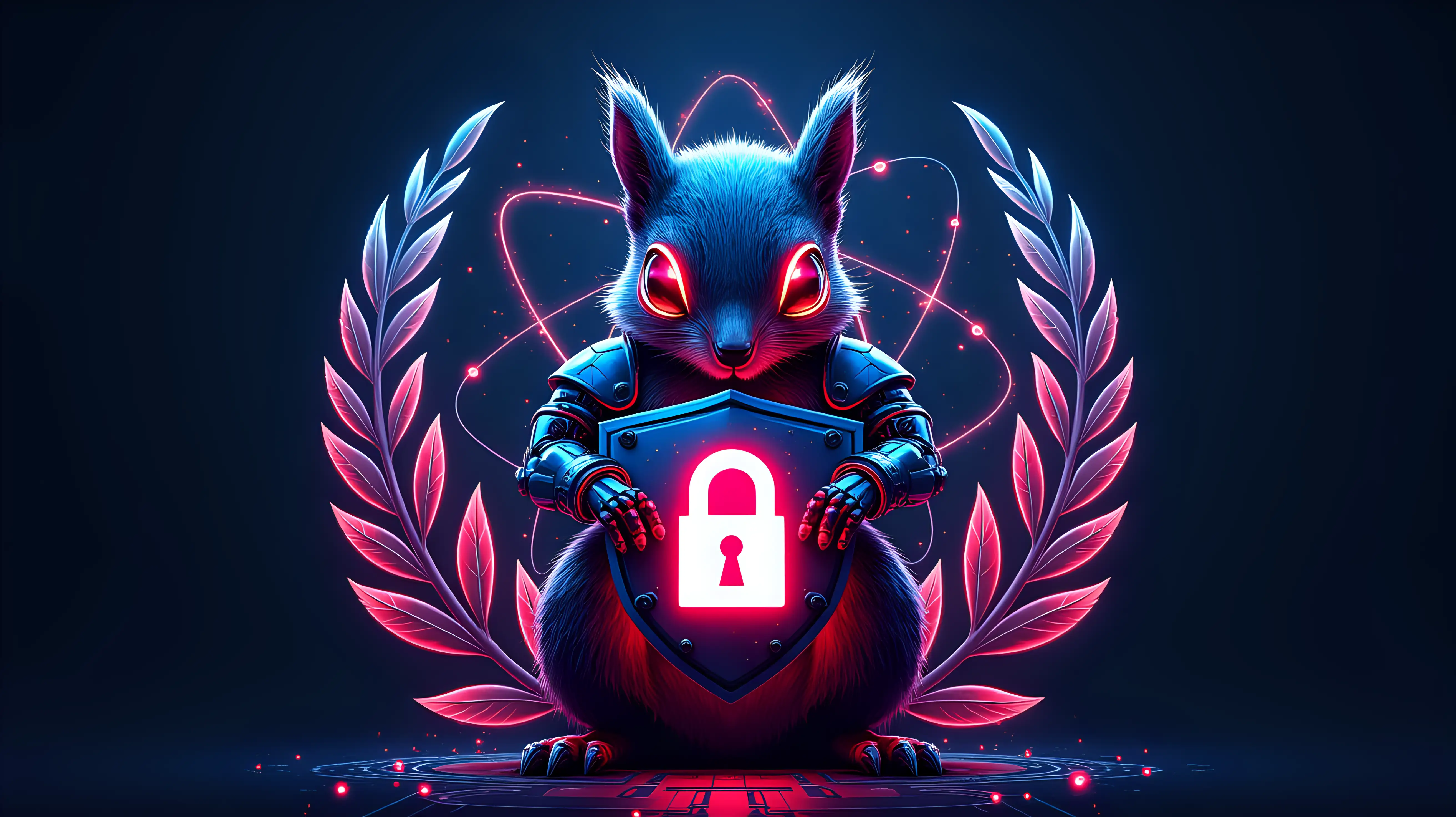 A futuristic digital emblem featuring a highly cybernetic squirrel with metallic armor plating and glowing red robotic eyes, gripping a high-tech shield with a glowing padlock symbol, surrounded by vibrant neon laurel leaves, with a large, prominent atom structure behind it, featuring multiple glowing electron orbits and particles, intricate tech circuitry patterns integrated into the background, intense blue and red neon color scheme, highly detailed, digital illustration
