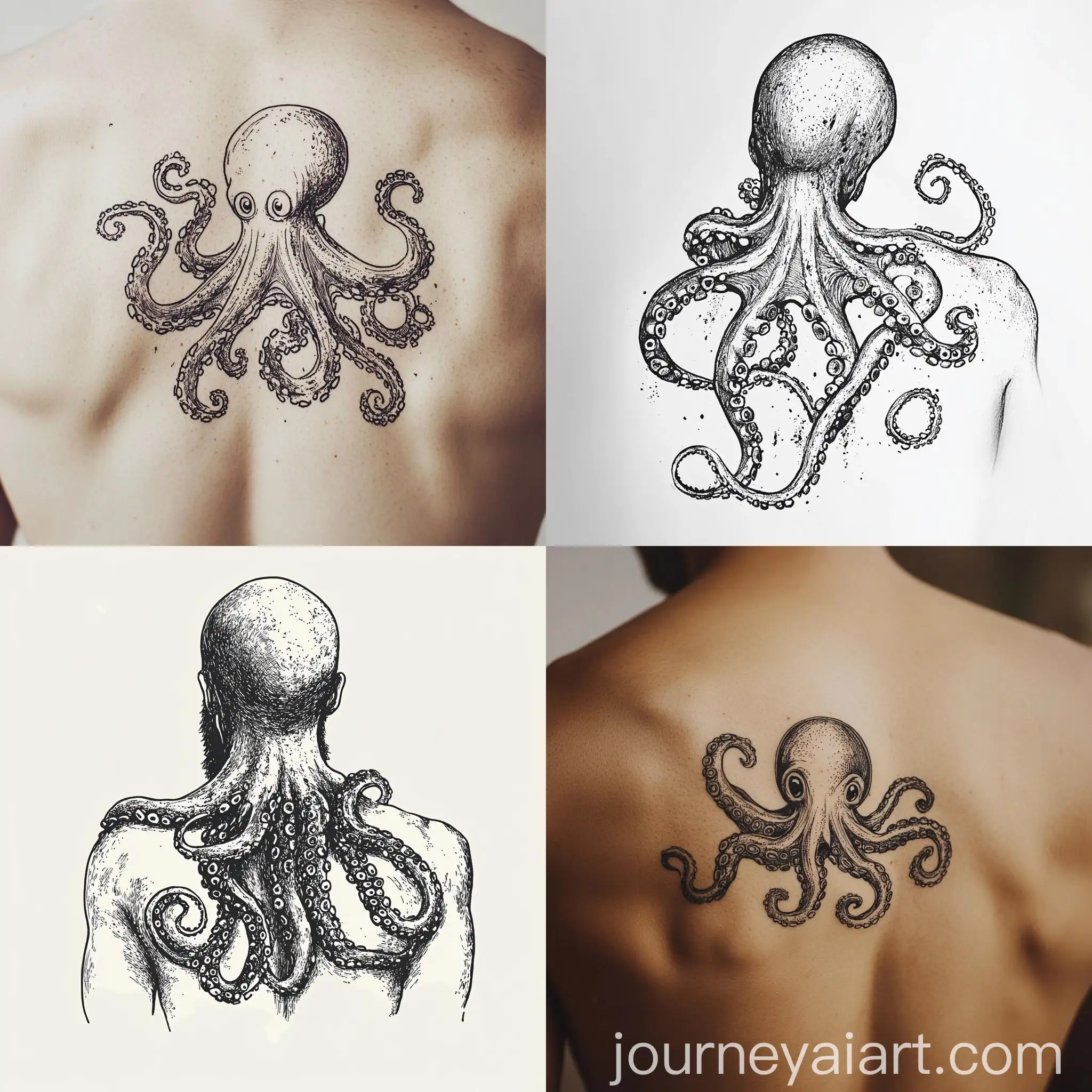 Cute-Octopus-Riding-Human-Back-Black-and-White-Line-Art-Illustration