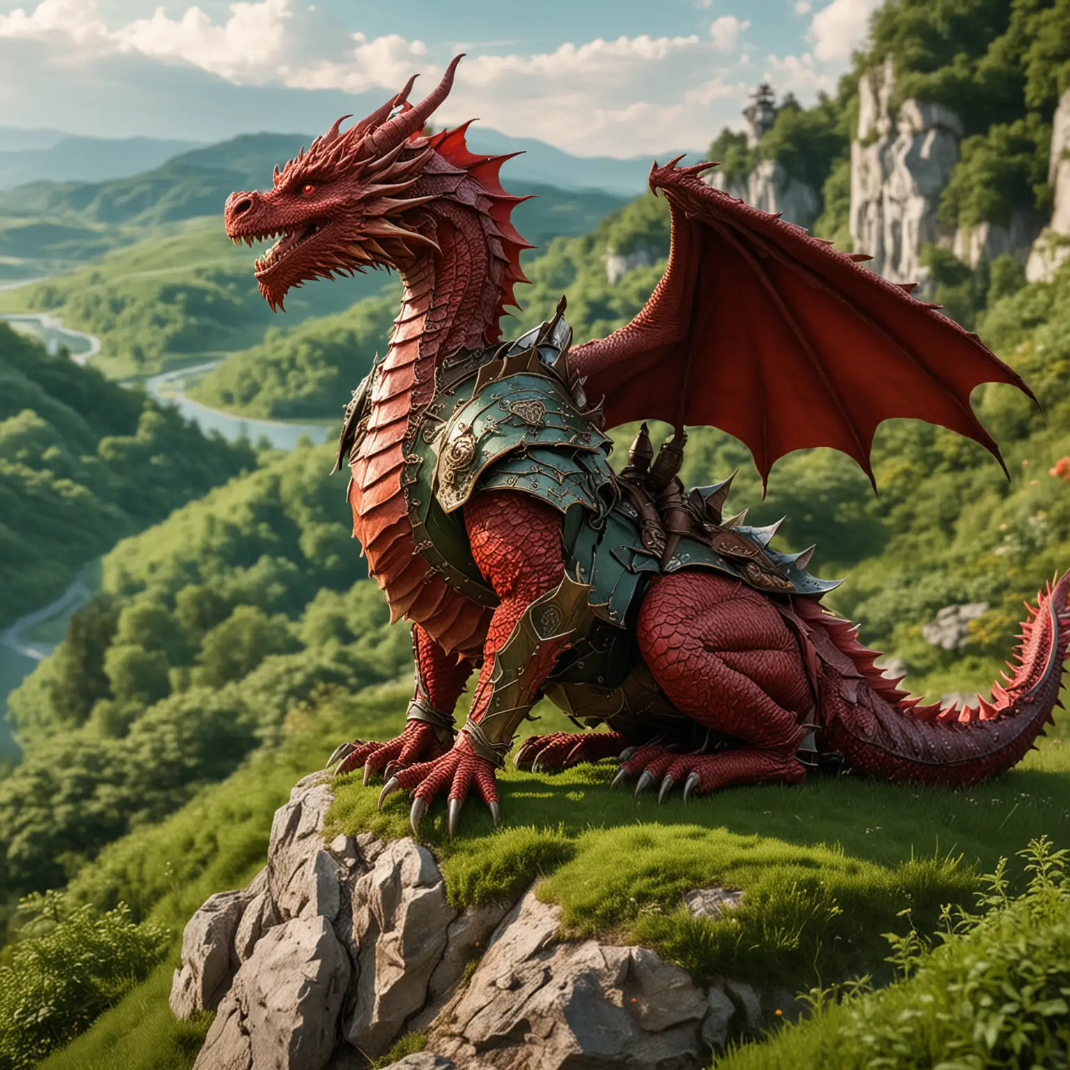 Wise Red Dragon in Warrior Armor on Green Hill