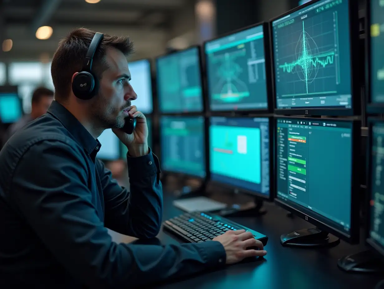 military base operator at radar control panel calling on phone