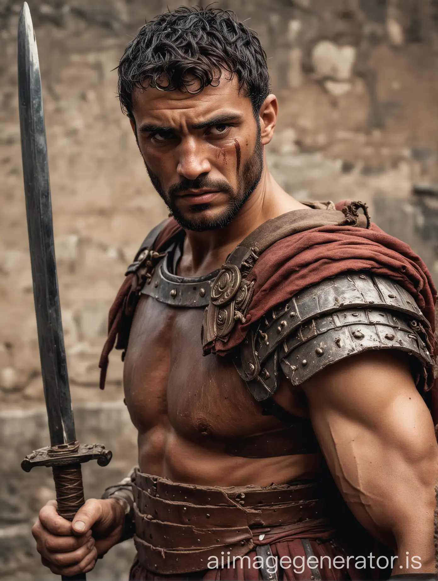 A roman man looking like a gladiator-slave picking up a sword and looking hopeful