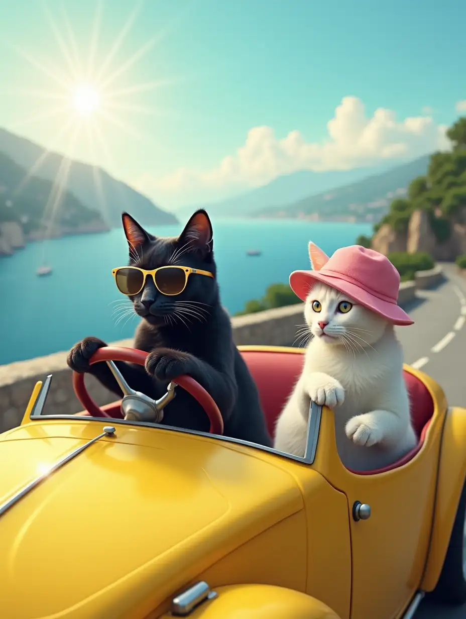 A black cat rides behind the wheel of a yellow retro car.  A car without a roof, with an open top.  A white cat sits in a passenger seat.  The black cat holds the front paws on the steering wheel, a cat in sunglasses.  The white cat has a pink hat on his head.  The car moves along the mountain road in Italy.  Sea and mountains in the background, the sun shines