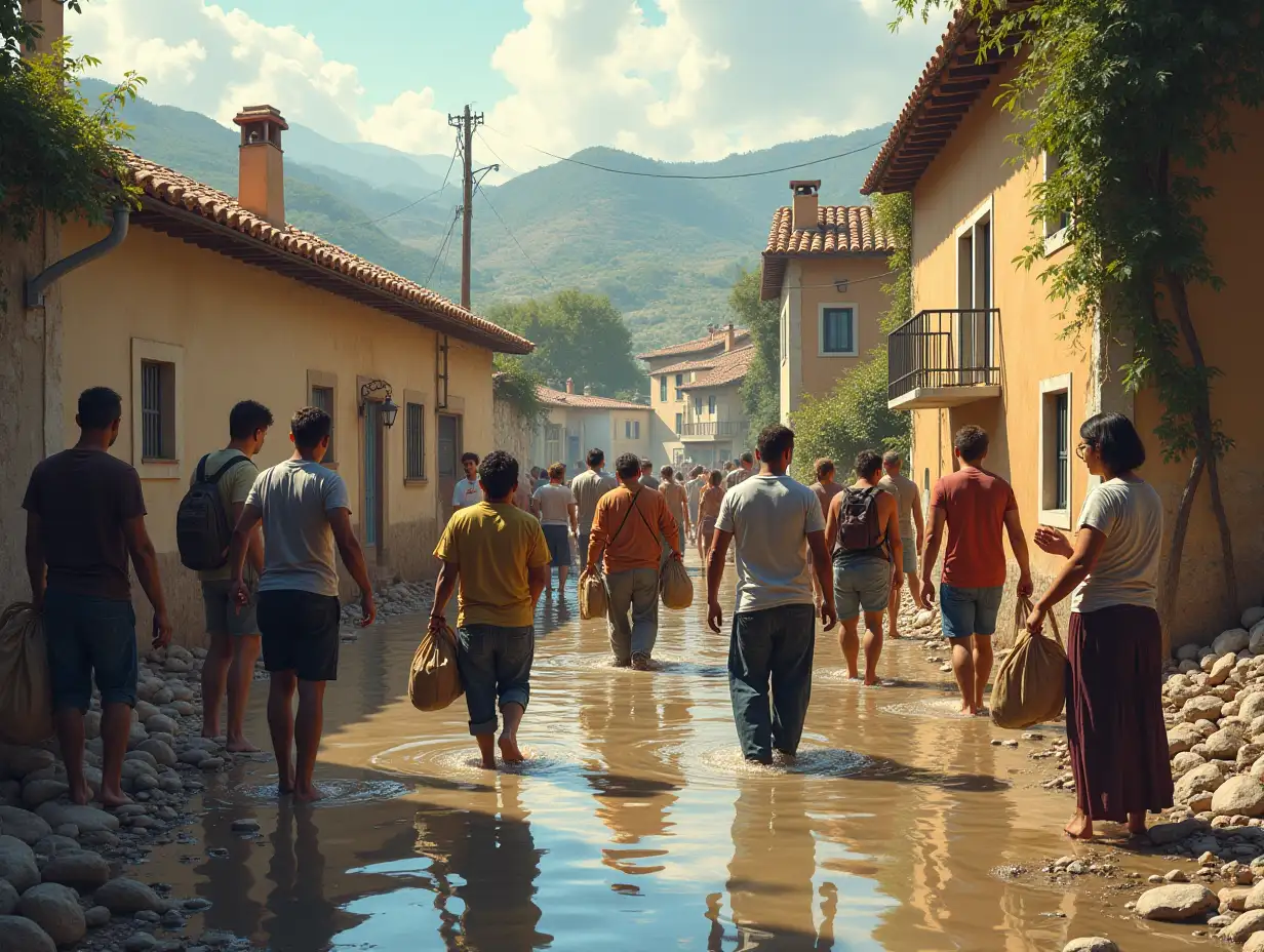 Create a poignant and inspiring scene depicting volunteers helping people in Spain after a devastating flood. The setting should be a small town affected by the floodwaters, with houses partially submerged and debris scattered around. Include a diverse group of volunteers – men and women of various ethnicities – working together to assist affected residents. Some volunteers should be handing out supplies like food, water, and clothing, while others are helping to clear debris from homes and streets. Portray the expressions of empathy and determination on their faces, as well as the gratitude and relief of the residents they are helping. The background should include a beautiful, albeit damaged, landscape of the Spanish countryside, with hints of traditional architecture. Use a warm and hopeful color palette to reflect the resilience of the community and the spirit of solidarity among the volunteers and local residents. This image should evoke feelings of compassion, community, and the strength of human connection in times of crisis.