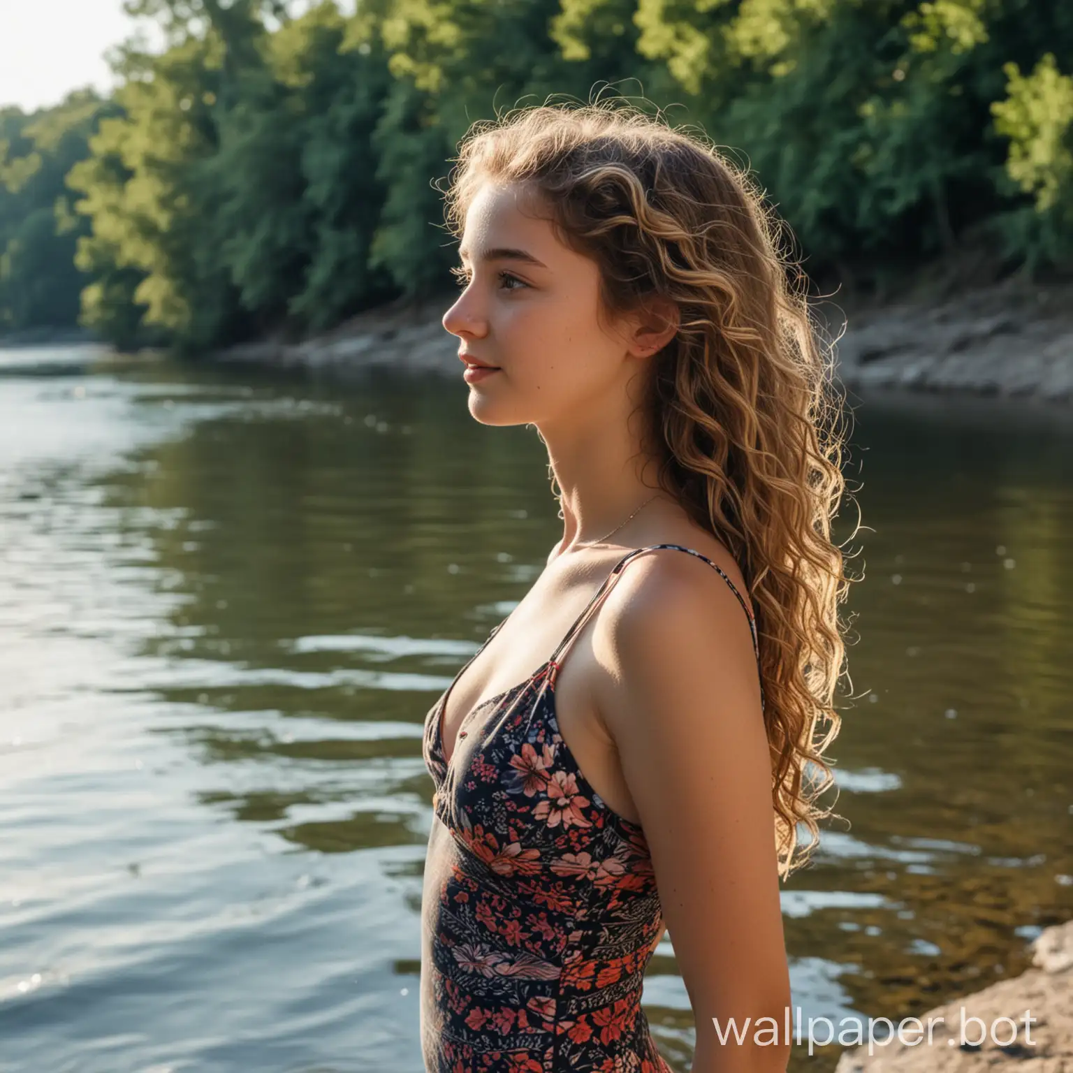 A girl 17 years old with fair wavy hair in a swimsuit in profile by the river