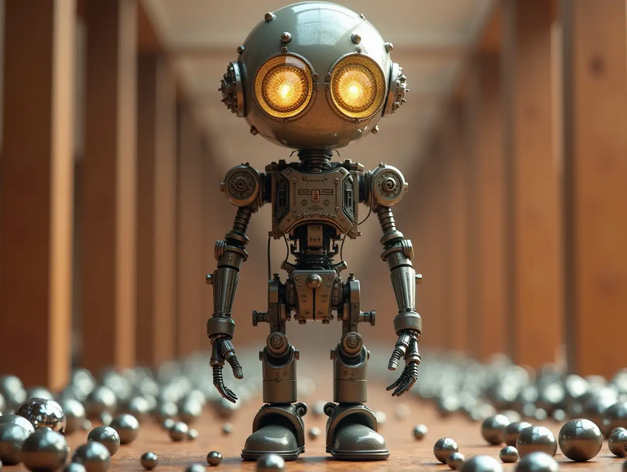 Create a high-resolution, realistic image of artificial intelligence Robert, three meters tall, with eyes, arms and legs, with gears on the cheeks and glass head with visible golden brain, screws with many glass balls on the floor, Mars 4k resolution with