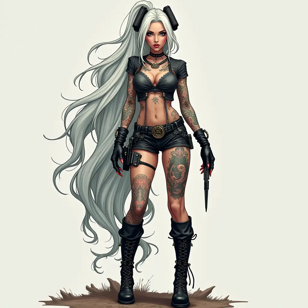 Depiction of a beautiful white woman with tattoos and long mixed white-black hair in a futuristic style and laced boots