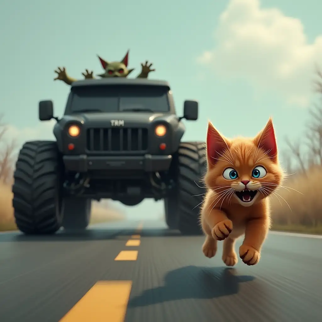 A huge black car RAM TRX is chasing a fluffy ginger cat with one blue eye and one yellow eye, who is running away in horror on the road, with a goblin driving, computer graphics