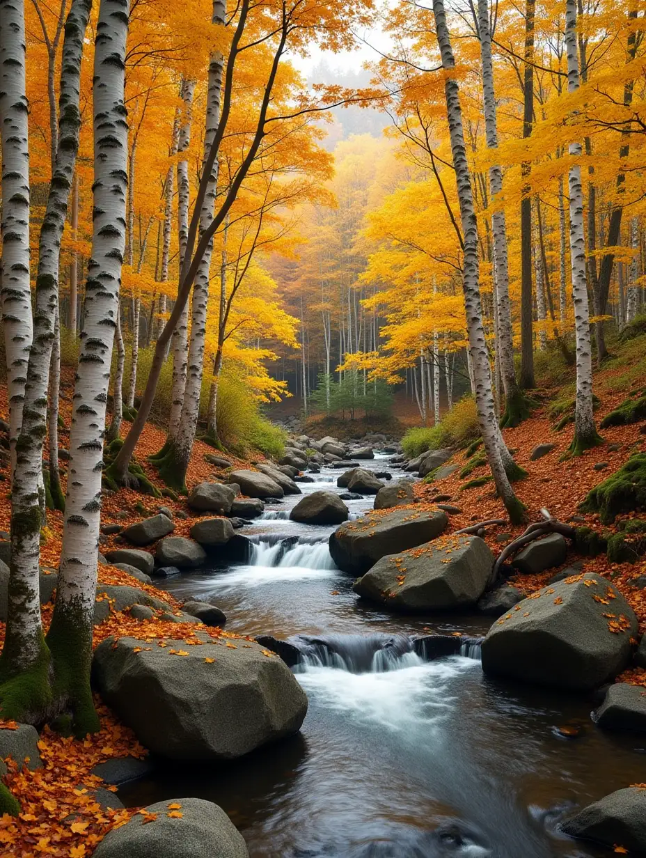 White birches are dressed in bright autumn foliage and a stream with large boulders nearby