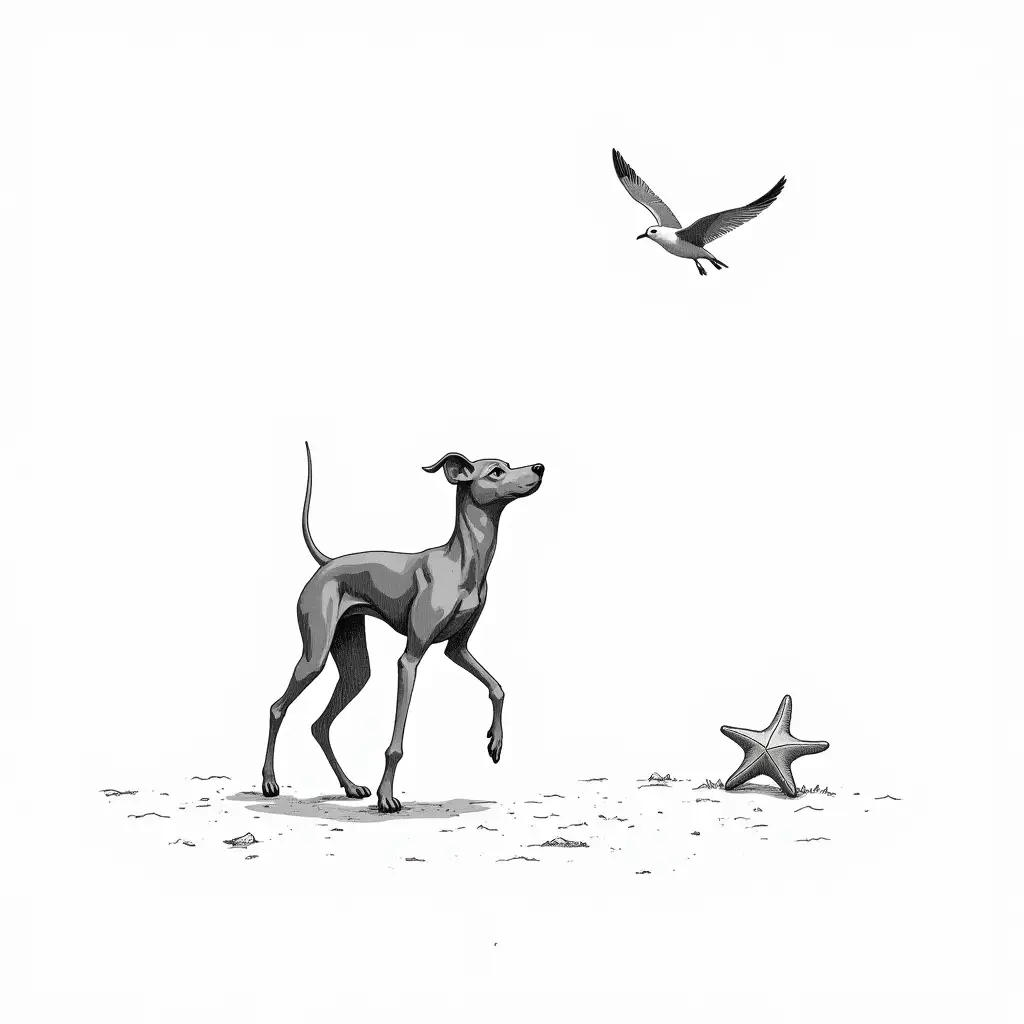 Podenco-Standing-on-Sand-with-SeagullAI-Image-Prompt-Expansion-and-Starfish-Sketch-in-Black-Ink