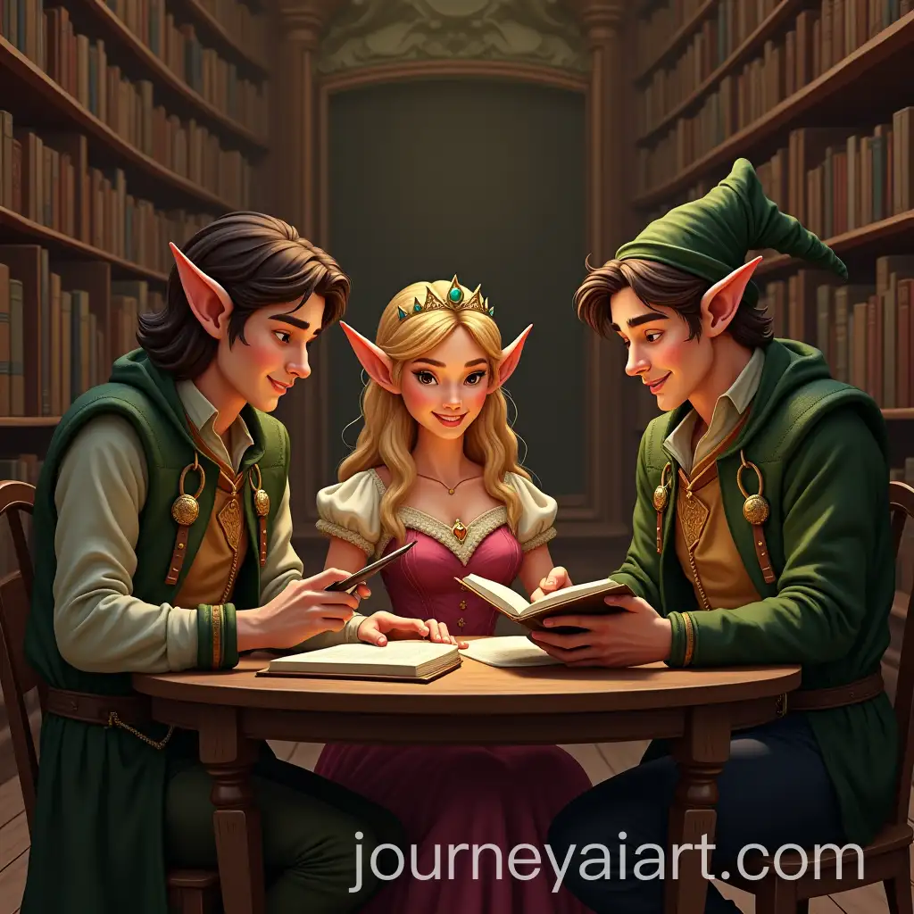 Elves-and-Princess-Consulting-in-Library-with-Books