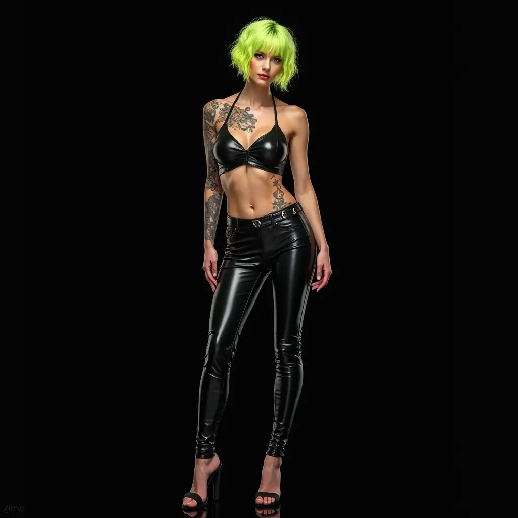 depiction of a beautiful white woman with tattoo, short mixed green-yellow hair in a futuristic cyber and tight leather pants and high heels, black background (120mm) shot poster