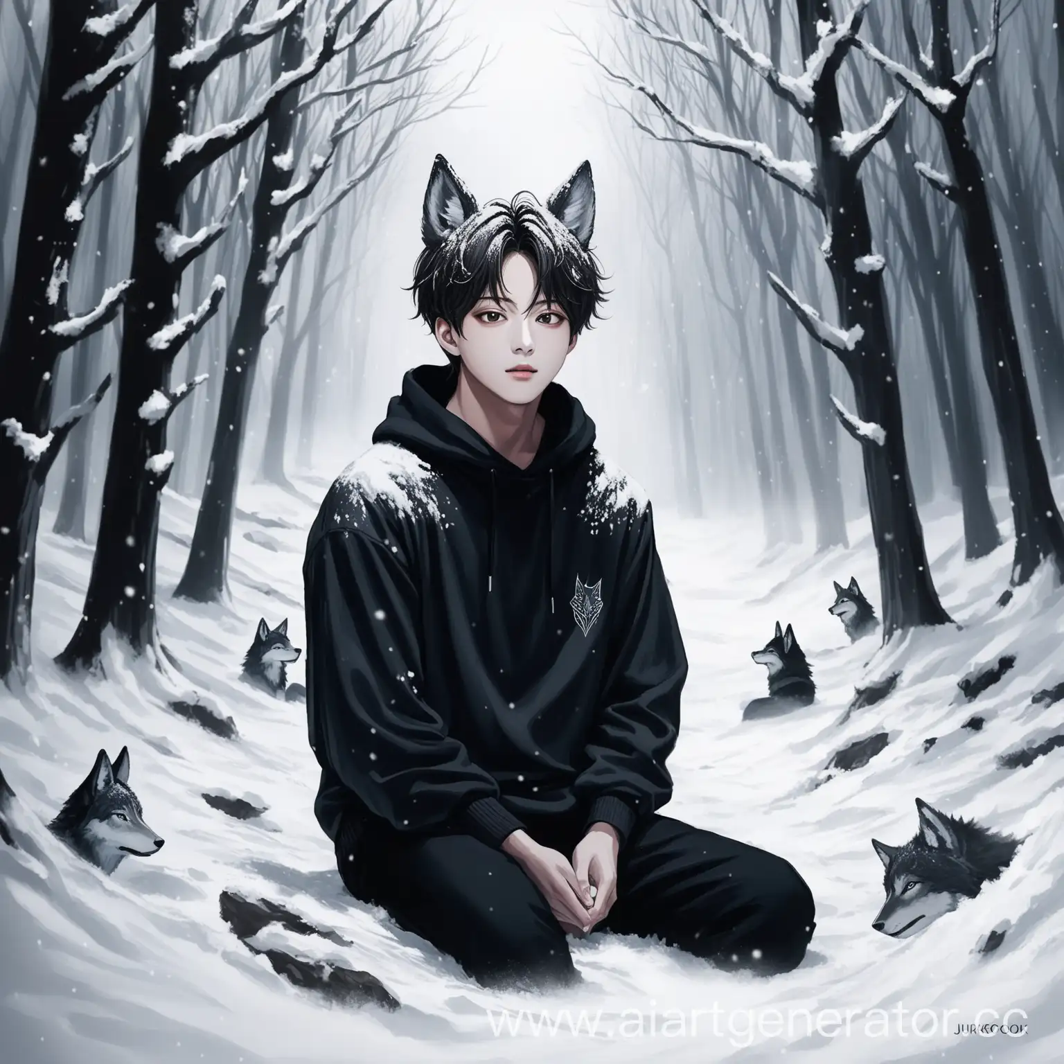 Atmospheric-Art-Jungkook-from-BTS-with-Wolf-Ears-Sitting-in-Snowy-Forest