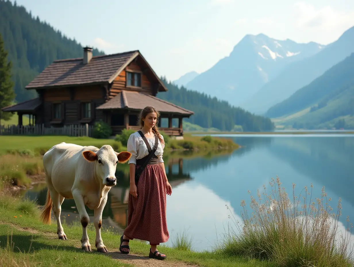 Young-Peasant-Lady-Leading-Cow-by-Rustic-Wooden-House-and-Serene-Lake
