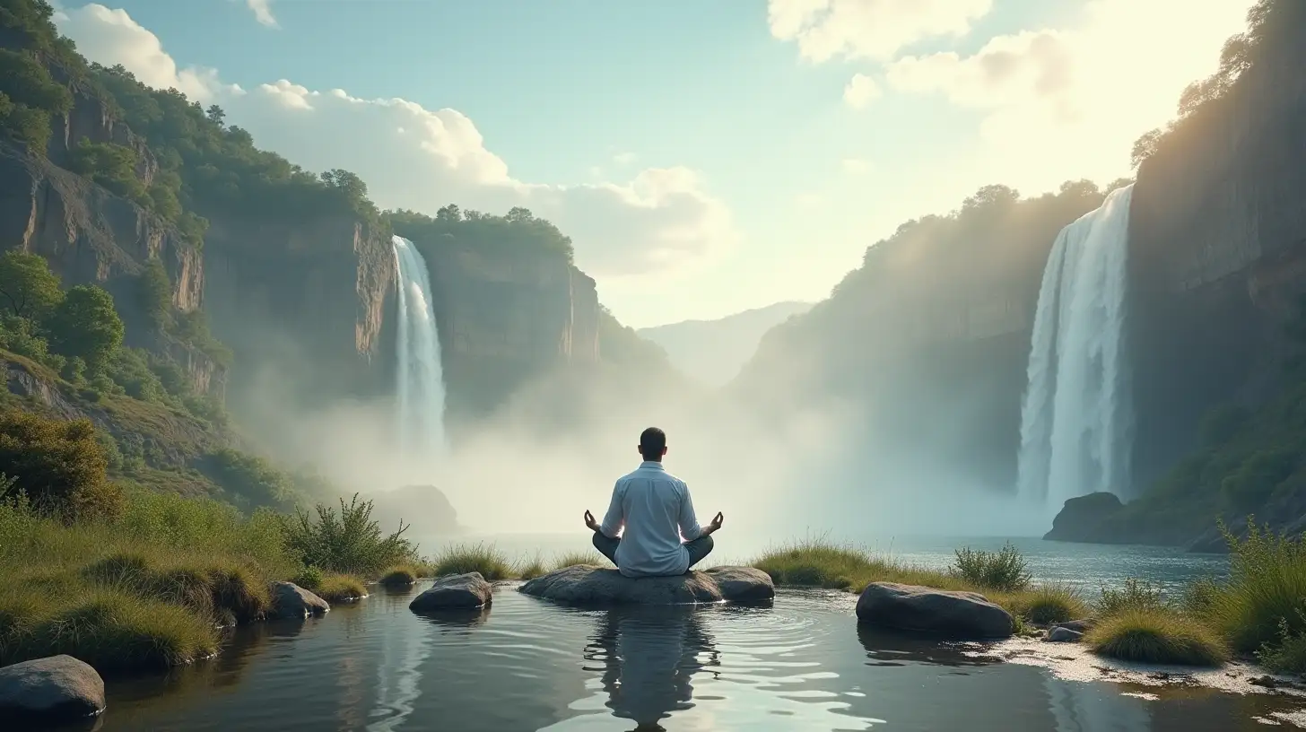 Middle Eastern Man Meditating at Ancient Ruins with Waterfall and Clear Sky