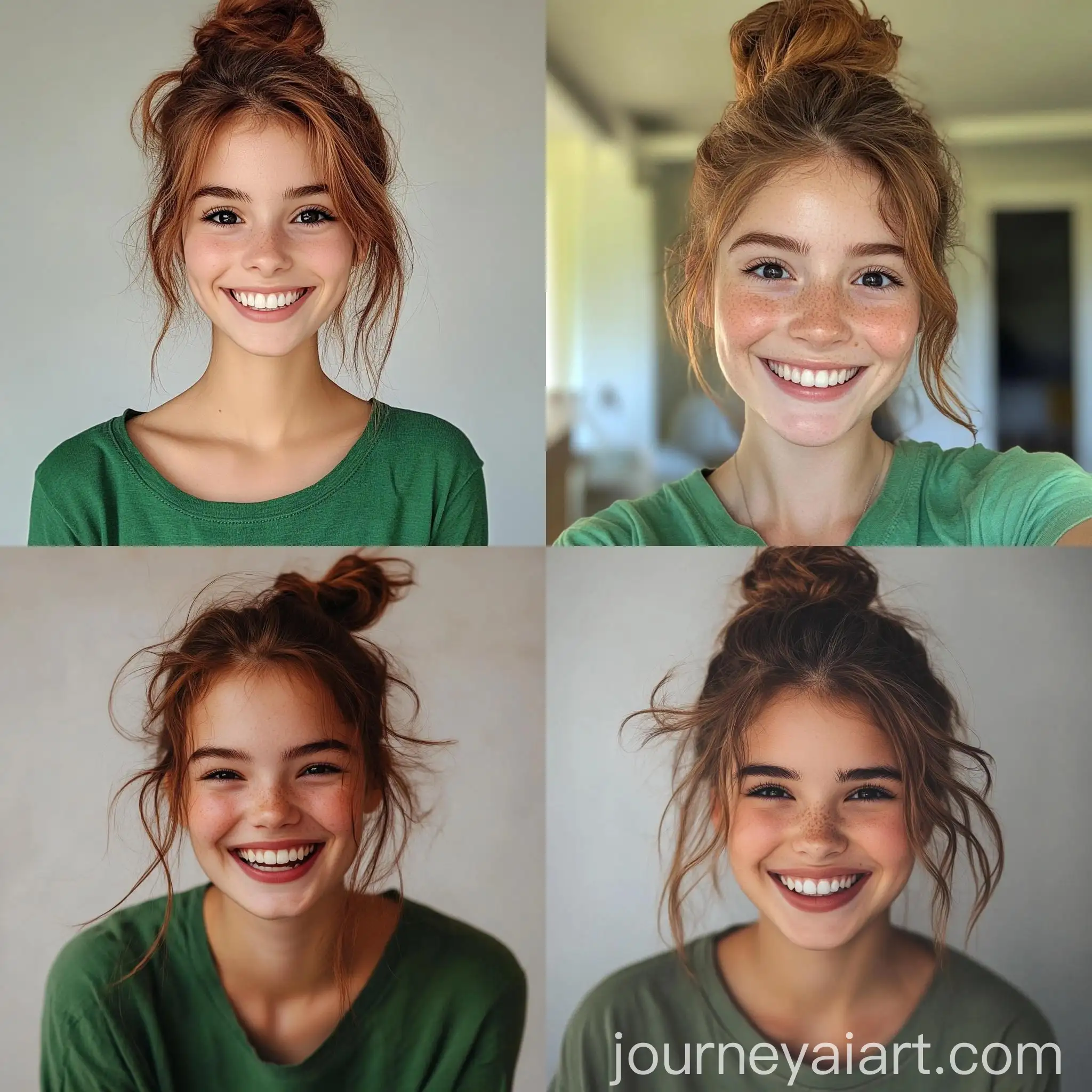 Portrait-of-a-Smiling-Girl-with-Wavy-Chestnut-Hair-in-Green-Shirt