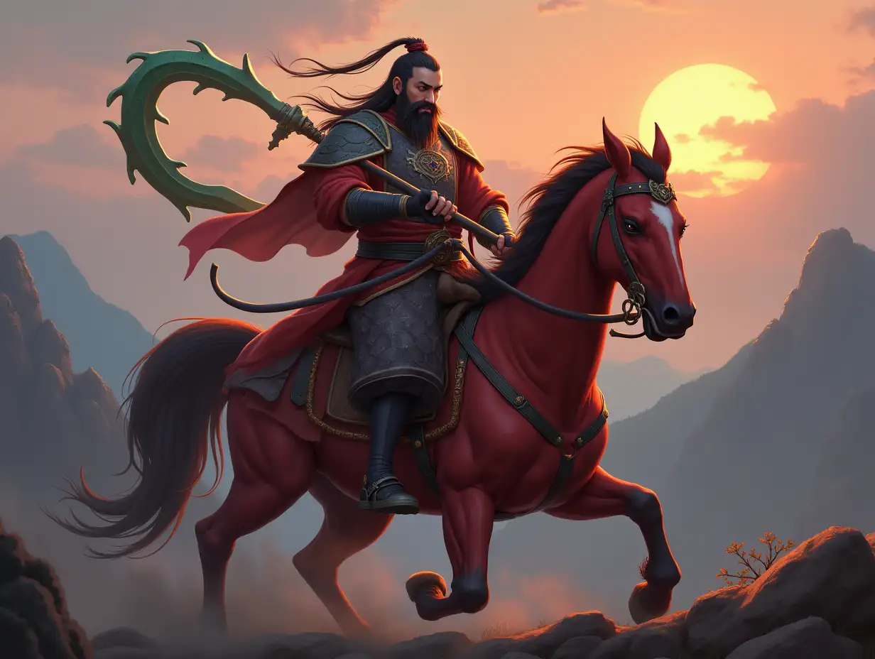 Guan Yu, holding a Green-Dragon Crescent Blade, riding a red horse, against the backdrop of mountains, with the sky glowing at twilight