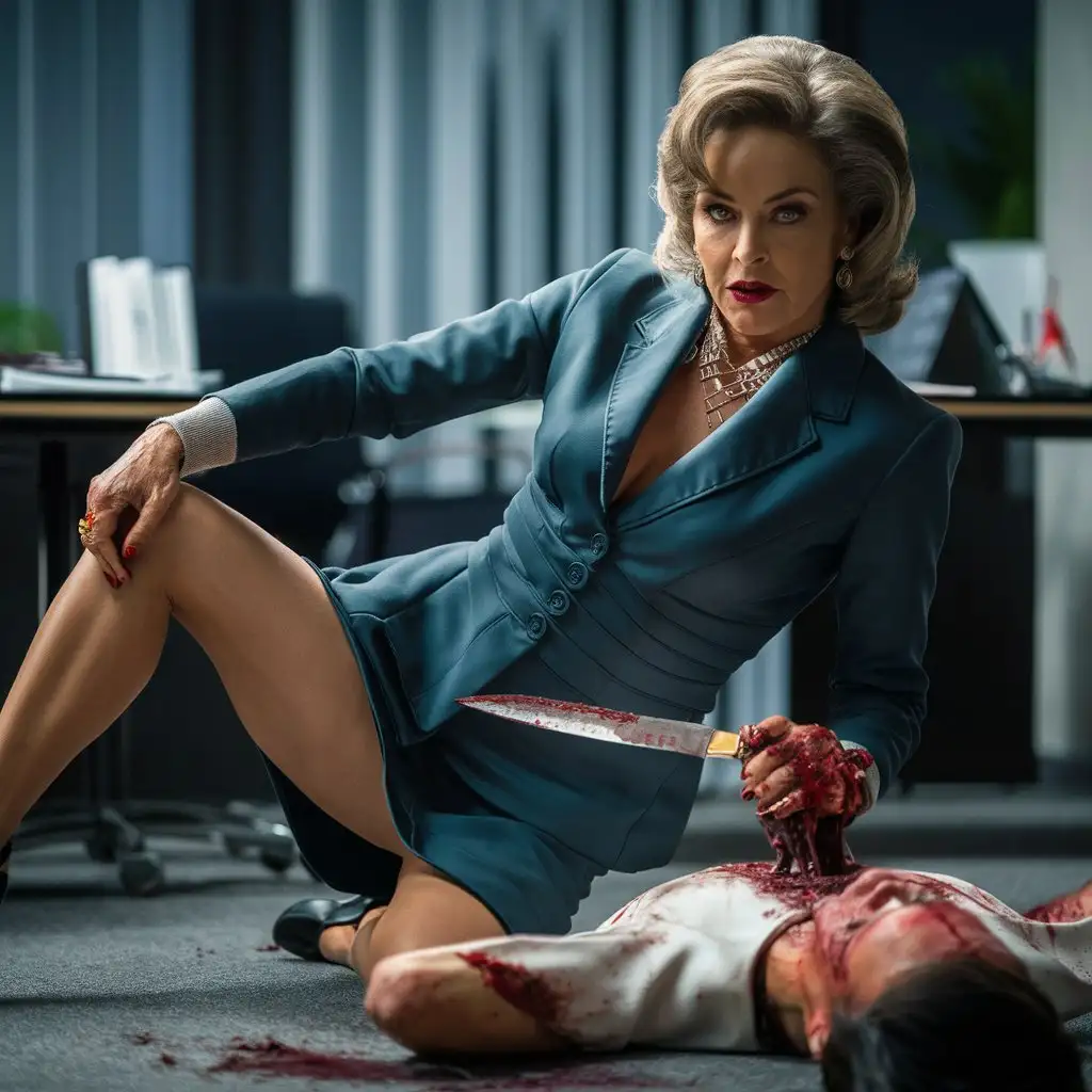 A chilling, cinematic photograph of a stunningly seductive mature woman in a professional office setting. She is dressed in an elegant, form-fitting suit and sports a piercing gaze. The woman is poised in a provocative position, with one leg extended and her body curved gracefully. In her hand, she holds a gleaming knife, which she uses to torment a freshly killed, helpless victim lying on the floor. The atmosphere is tense and eerie, with the office decor providing a stark contrast to the gruesome scene unfolding., cinematic, photo