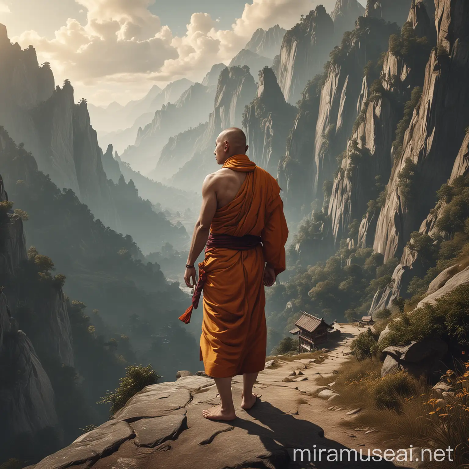 Monk Climbing Mountain Serenity