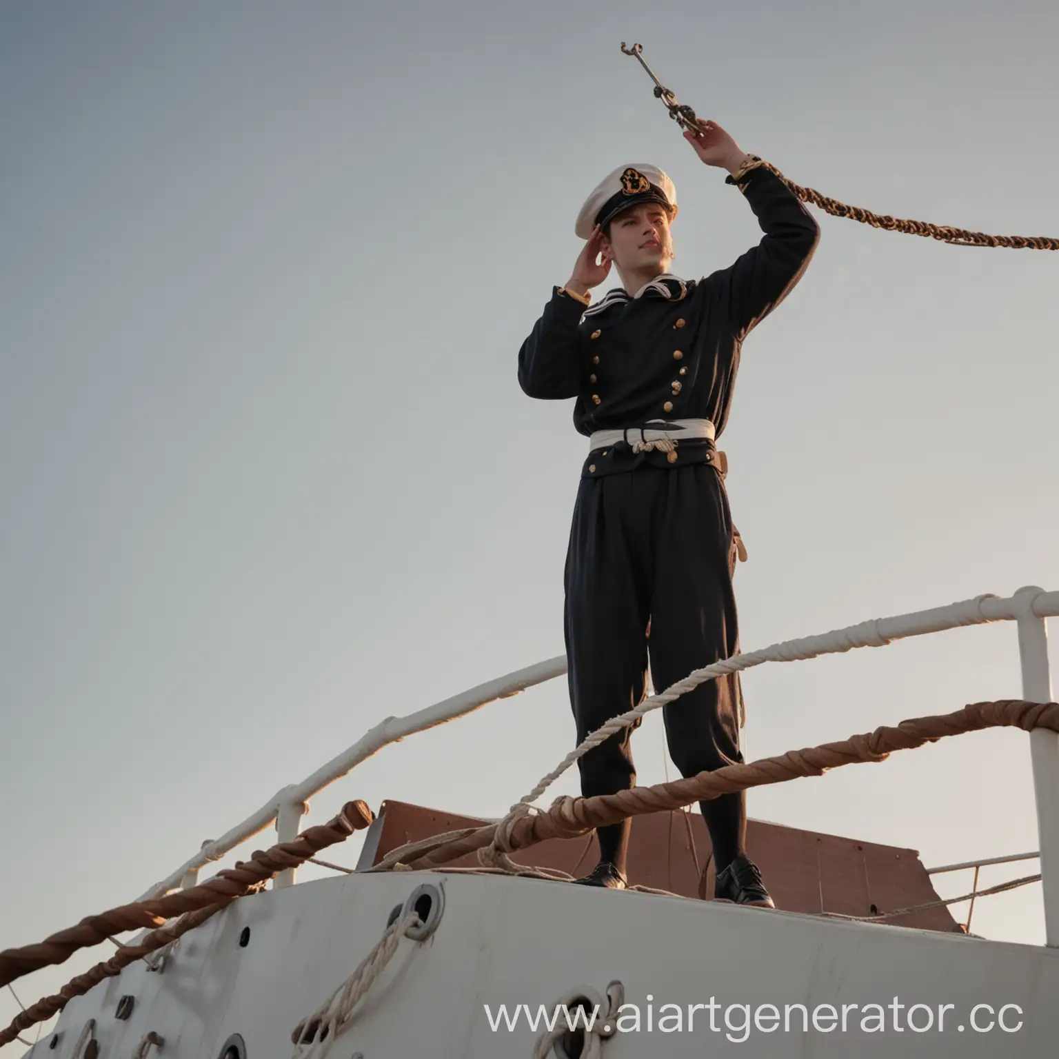 Sailor-Standing-on-Ship-Bow-Gazing-Ahead-with-Raised-Hand