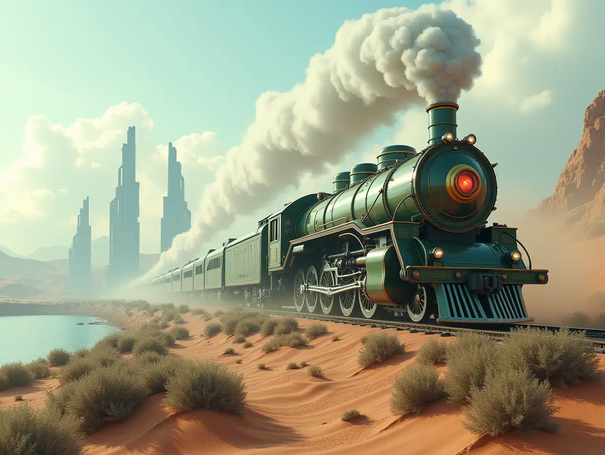 Create a high-resolution realistic image in 4k resolution: a futuristic locomotive that is green and gold with silver on tracks and smoke, rising in the desert with bushes on sides, a lake on the left side with futuristic high buildings and cloudy sky