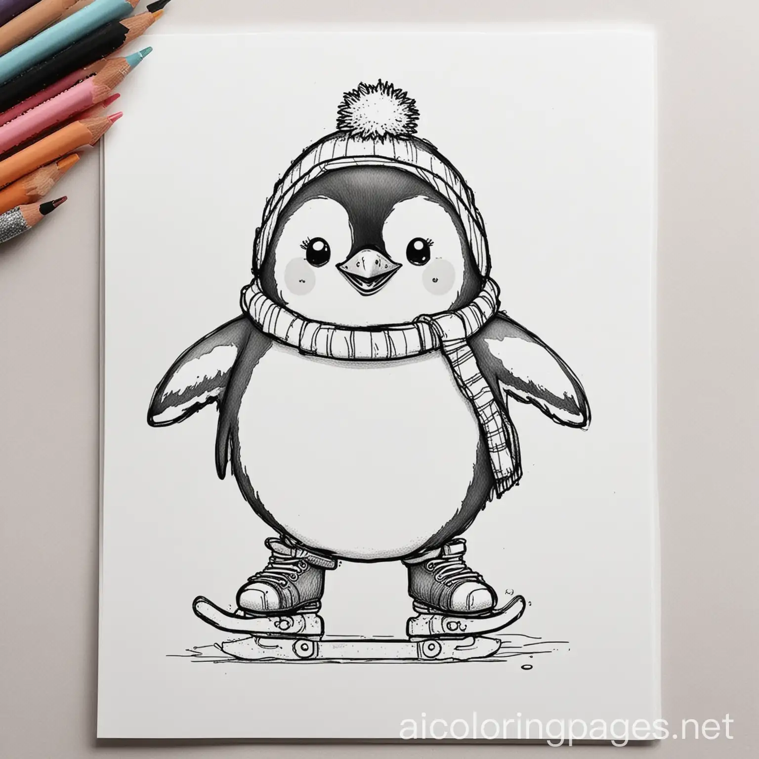 cute penguin ice skating coloring page, Coloring Page, black and white, line art, white background, Simplicity, Ample White Space. The background of the coloring page is plain white to make it easy for young children to color within the lines. The outlines of all the subjects are easy to distinguish, making it simple for kids to color without too much difficulty