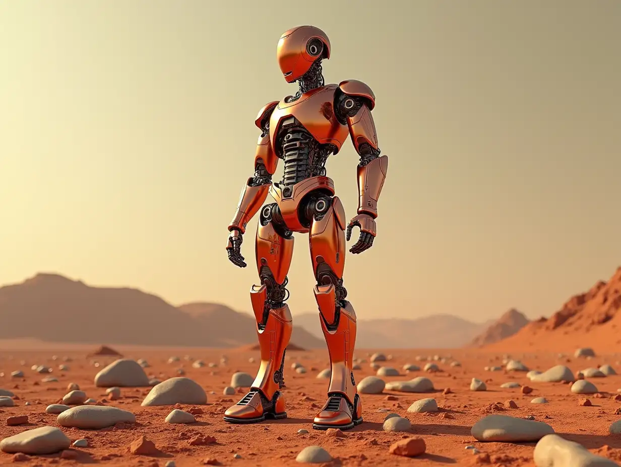 Create a high-resolution, realistic image of artificial intelligence Robert, 40 meters tall, with small robots, made of red gold, screws with many rusty glass marbles on the ground, on Mars 4k resolution with