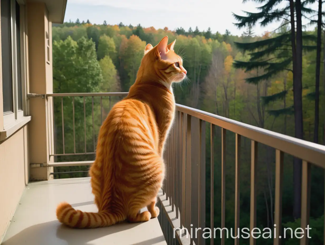 College Girl on Dorm Balcony with Translucent Orange Tabby Cat and Forest View