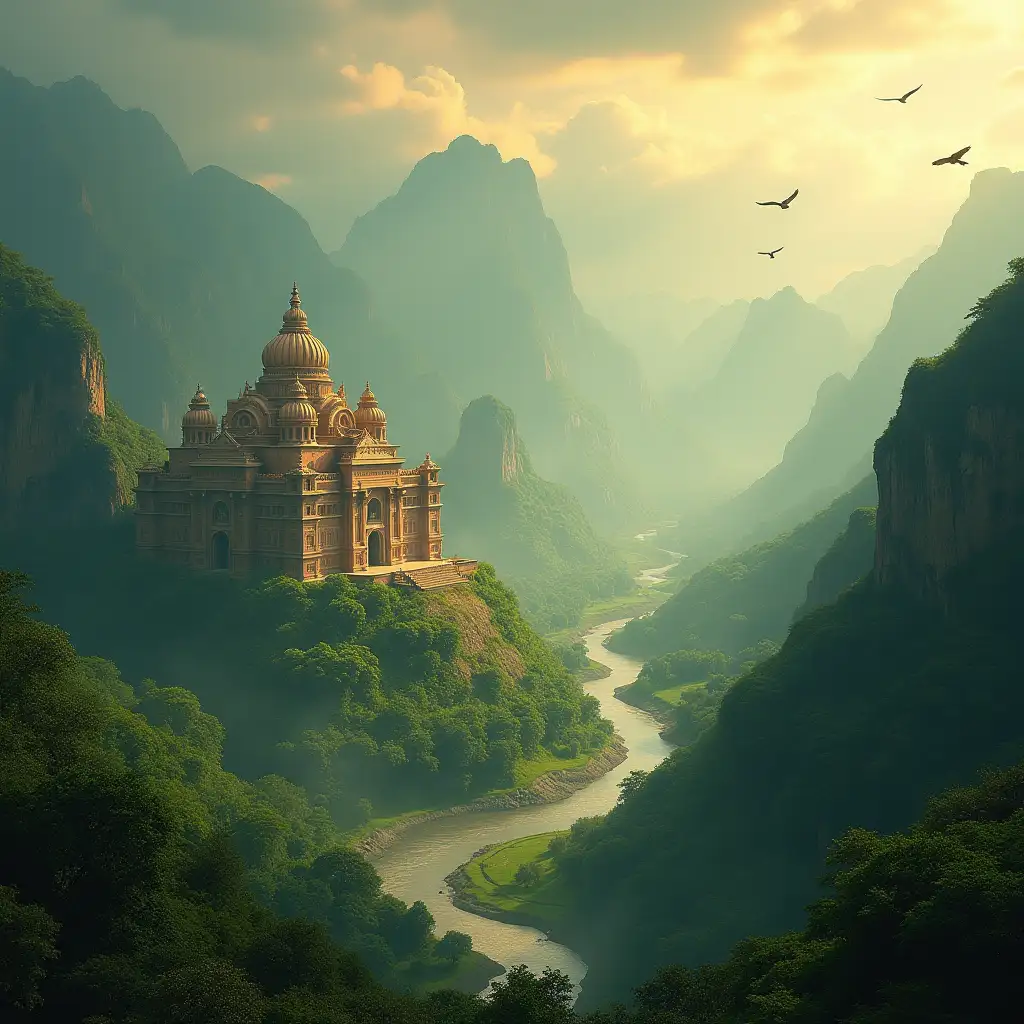 An artistic representation of the Indian subcontinent with a mystical, ancient ambiance. The scene includes grand temples, lush green landscapes, winding rivers, and majestic mountains, bathed in a soft golden light to evoke a sense of dreams and legends. The image should feel timeless and magical, symbolizing history and mythology.