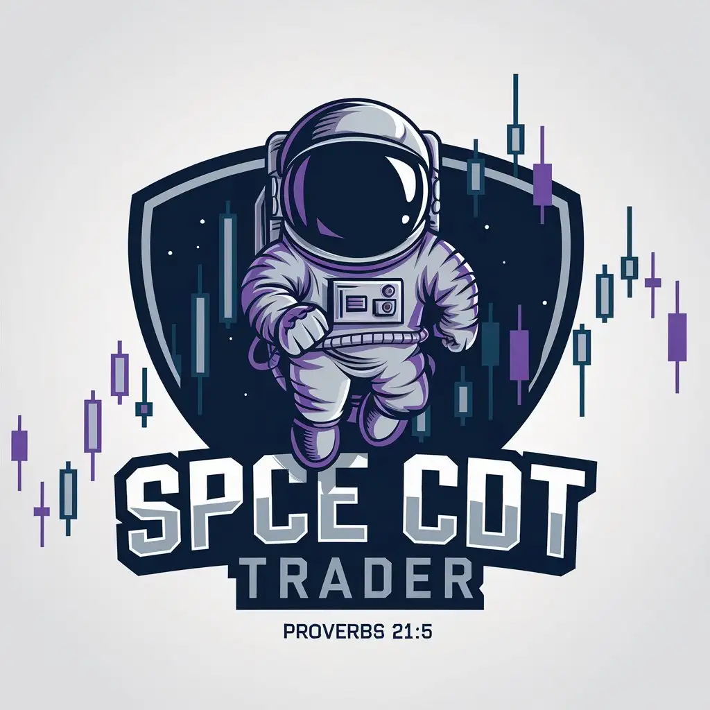 LOGO Design for SPCE CDT Trader Full Body Astronaut Mascot with Trading Candlestick Patterns and Galaxy Colors