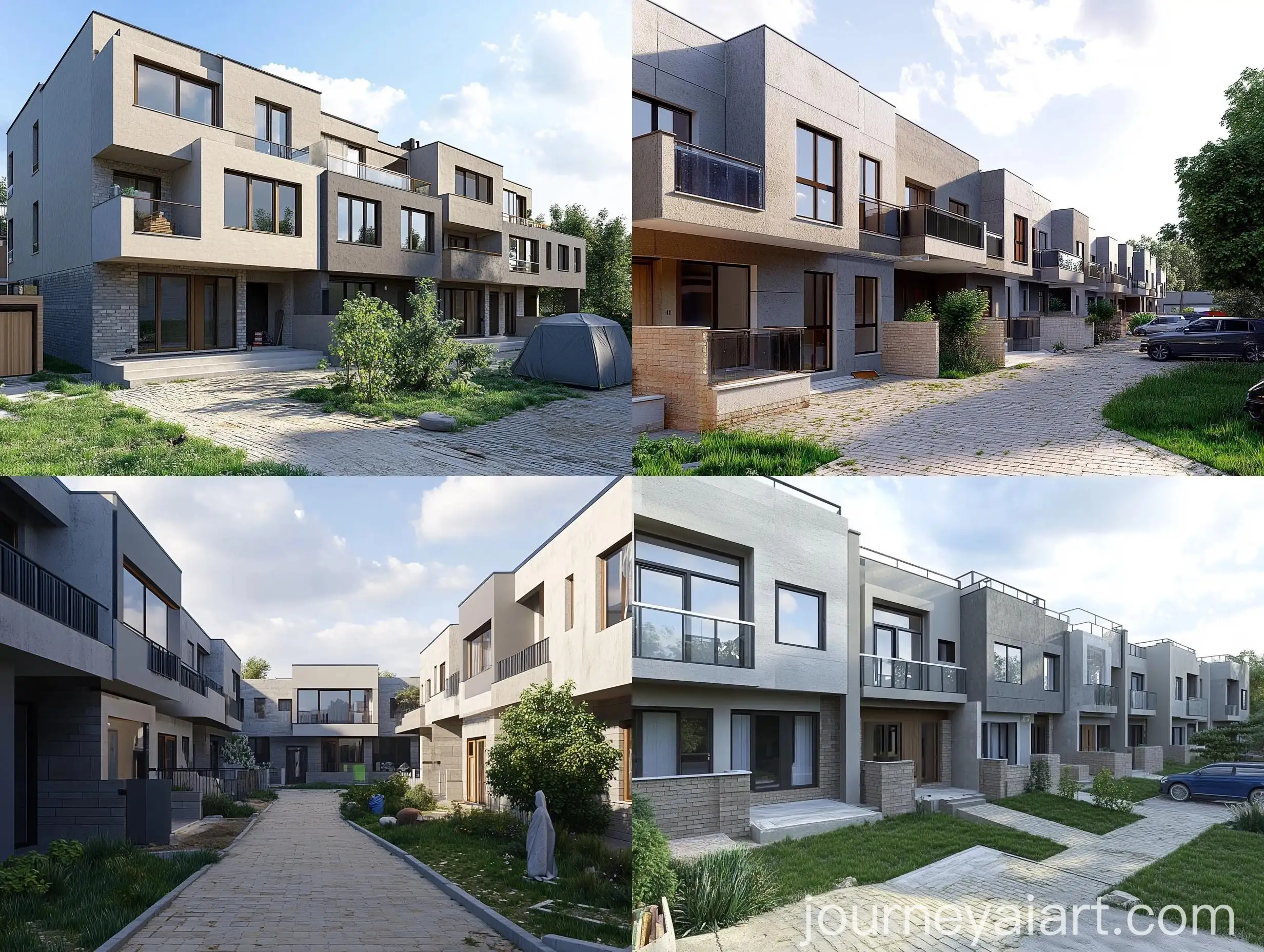 Modern-Townhouse-Courtyard-with-Dark-Brown-Brick-Paving-and-Stylish-Facades