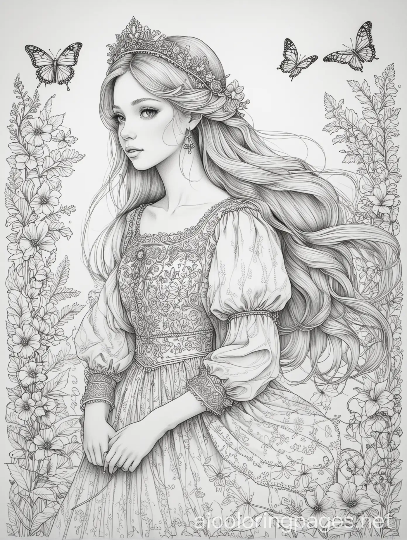 Whimsical-Princess-in-a-Magical-Garden-Coloring-Page